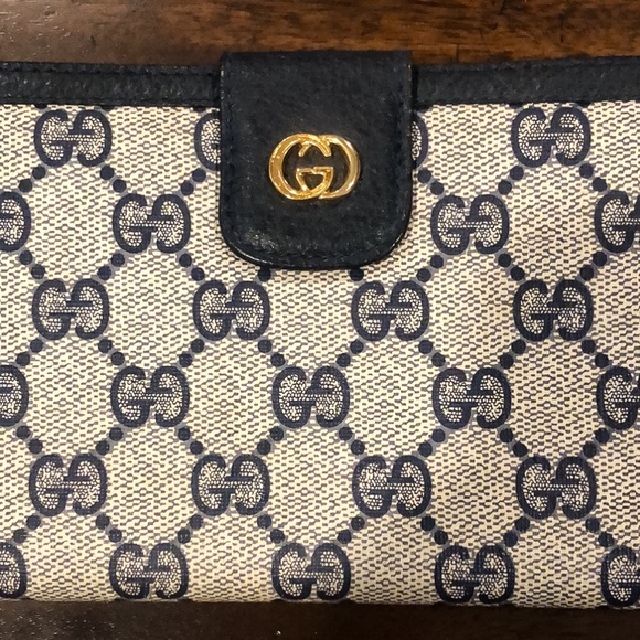 M GUCCI GG Monogram Navy Blue Leather Accent Long Bifold Wallet Vintage - Picture 3 of 17